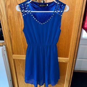 Royal Blue Sleeveless V-Neck Dress with Studded Shoulders